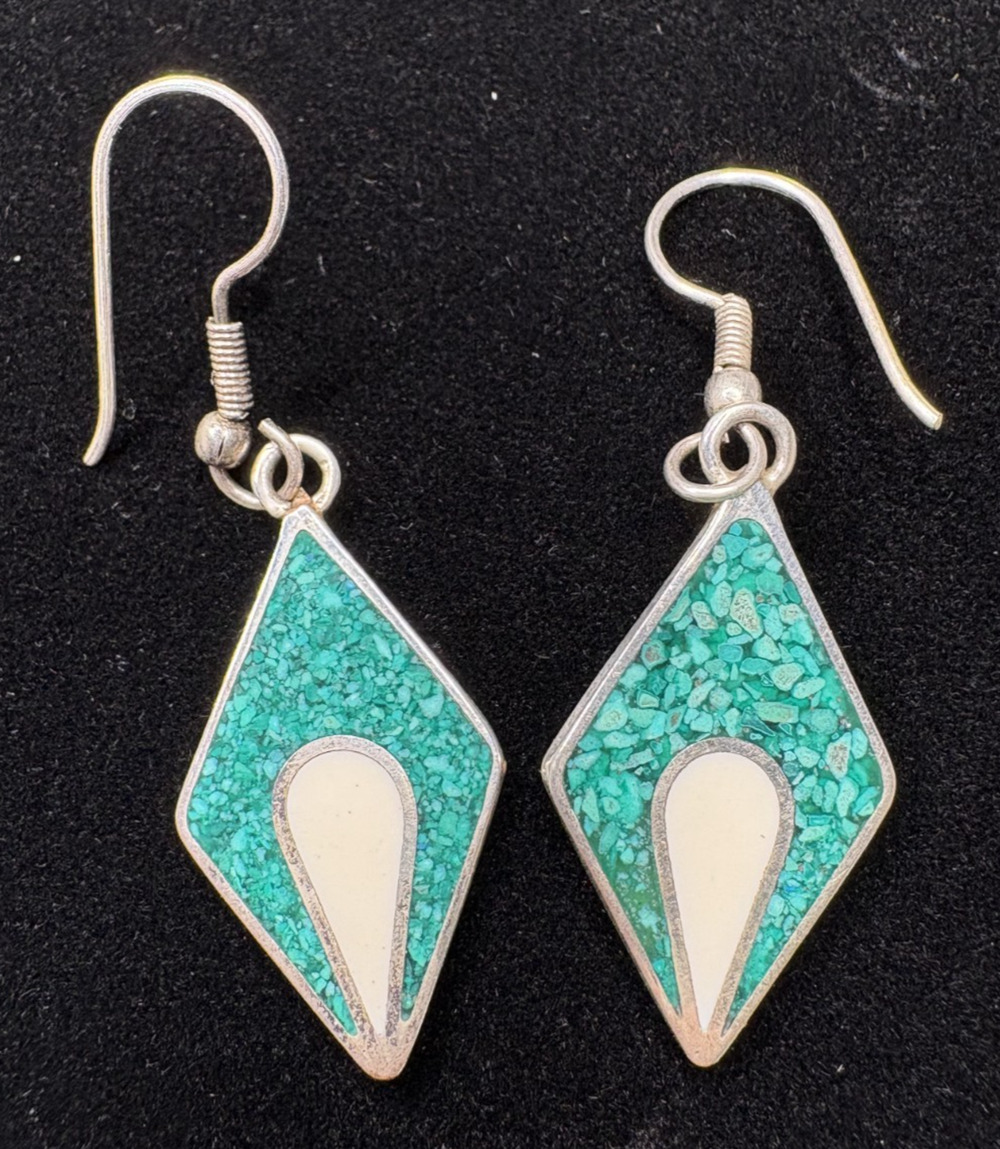 Alpaca Mexico Silver Inlay Drop Earrings Geometric Blue Green Stone Aztec 1 inch